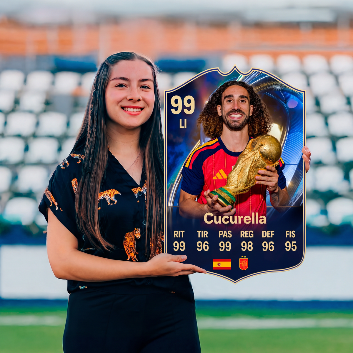 Carta Cucurella TOTS FC26 sostenida en un estadio