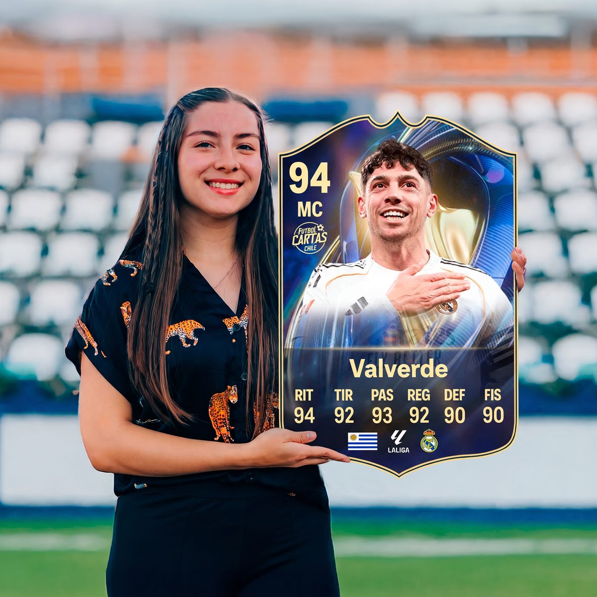 Carta Fede Valverde TOTS FC26 sostenida en un estadio