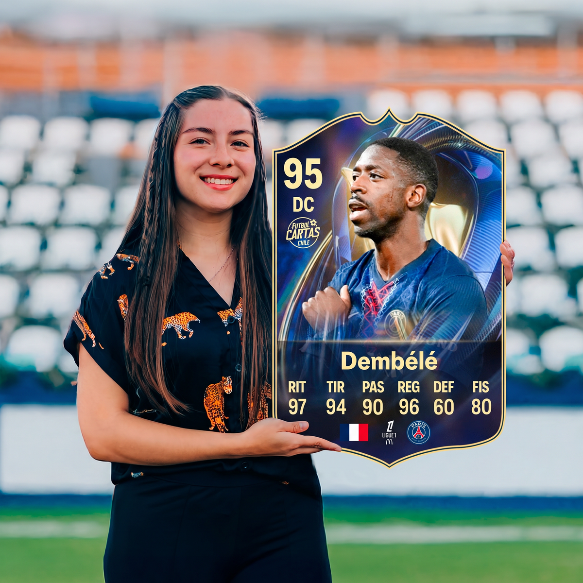 Carta Dembélé TOTS FC26 sostenida en un estadio
