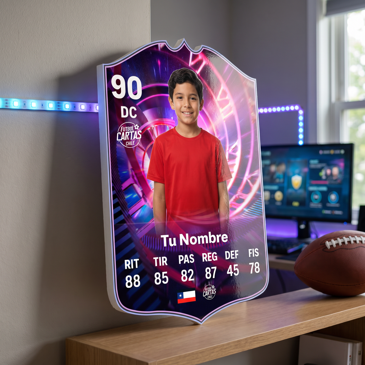 Carta personalizada Time Warp FC26 en el estante de una pieza gamer