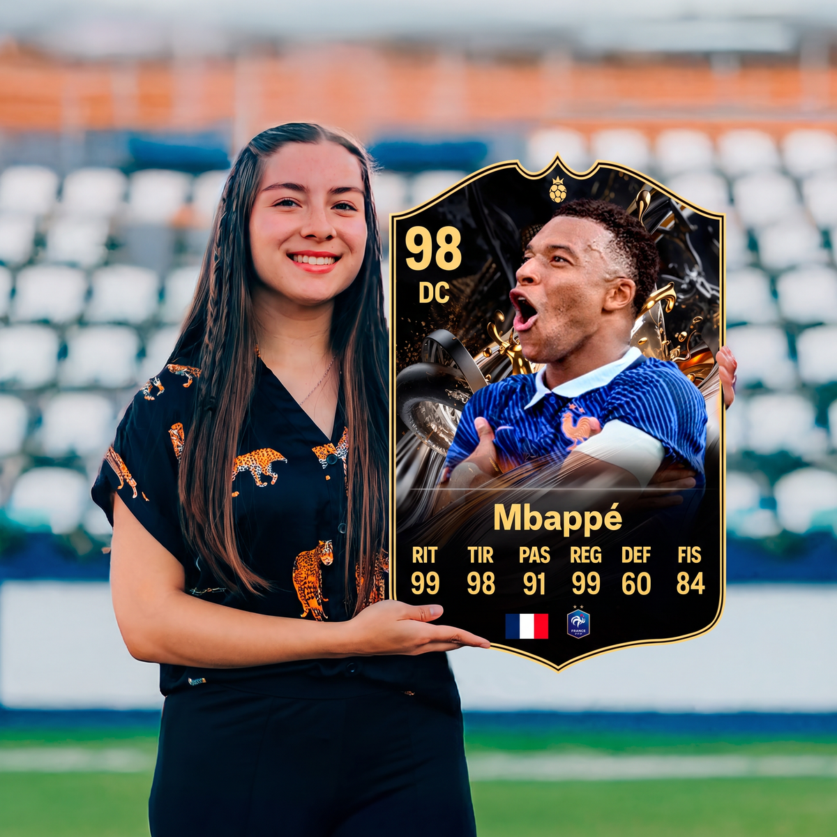 Carta Mbappé TOTW FC26 sostenida en un estadio
