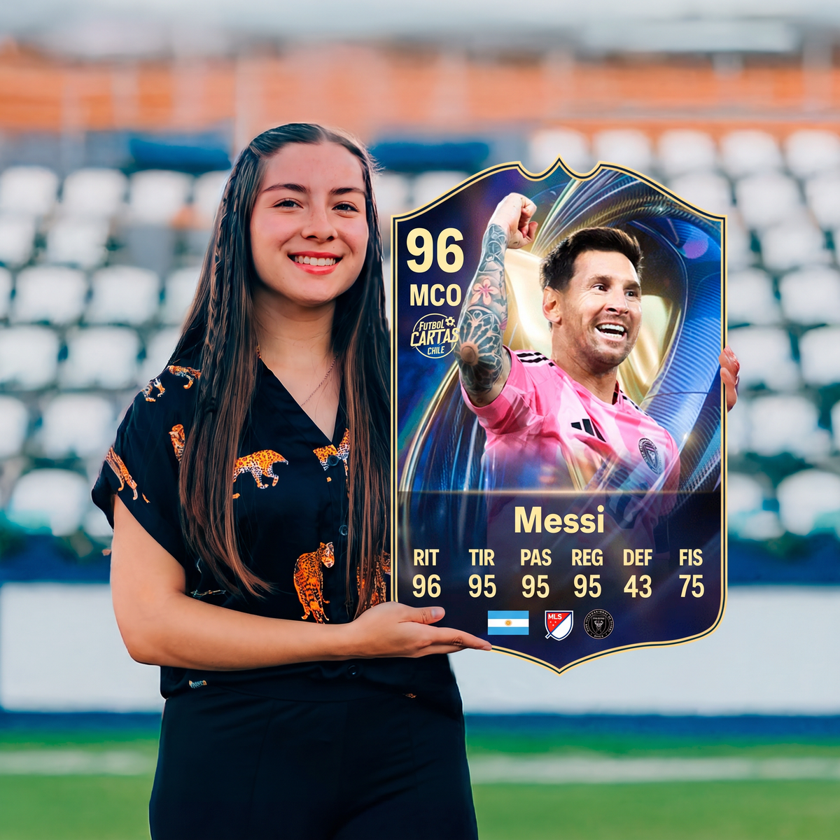 Carta Messi TOTS FC26 sostenida en un estadio