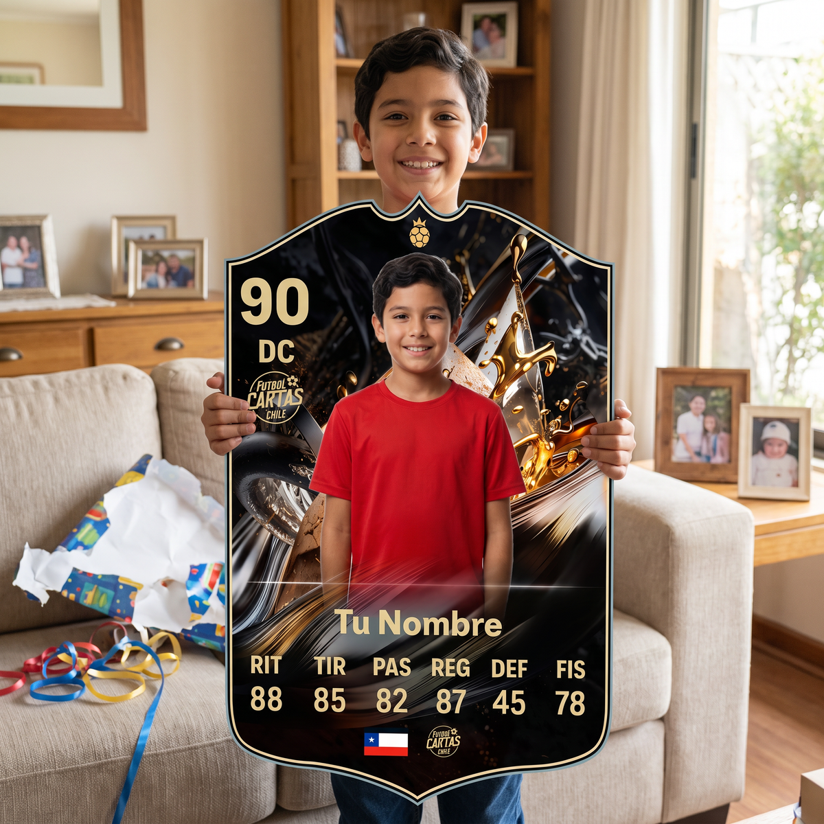 Niño feliz con su carta personalizada Trophy Titans Icon FC26 de regalo