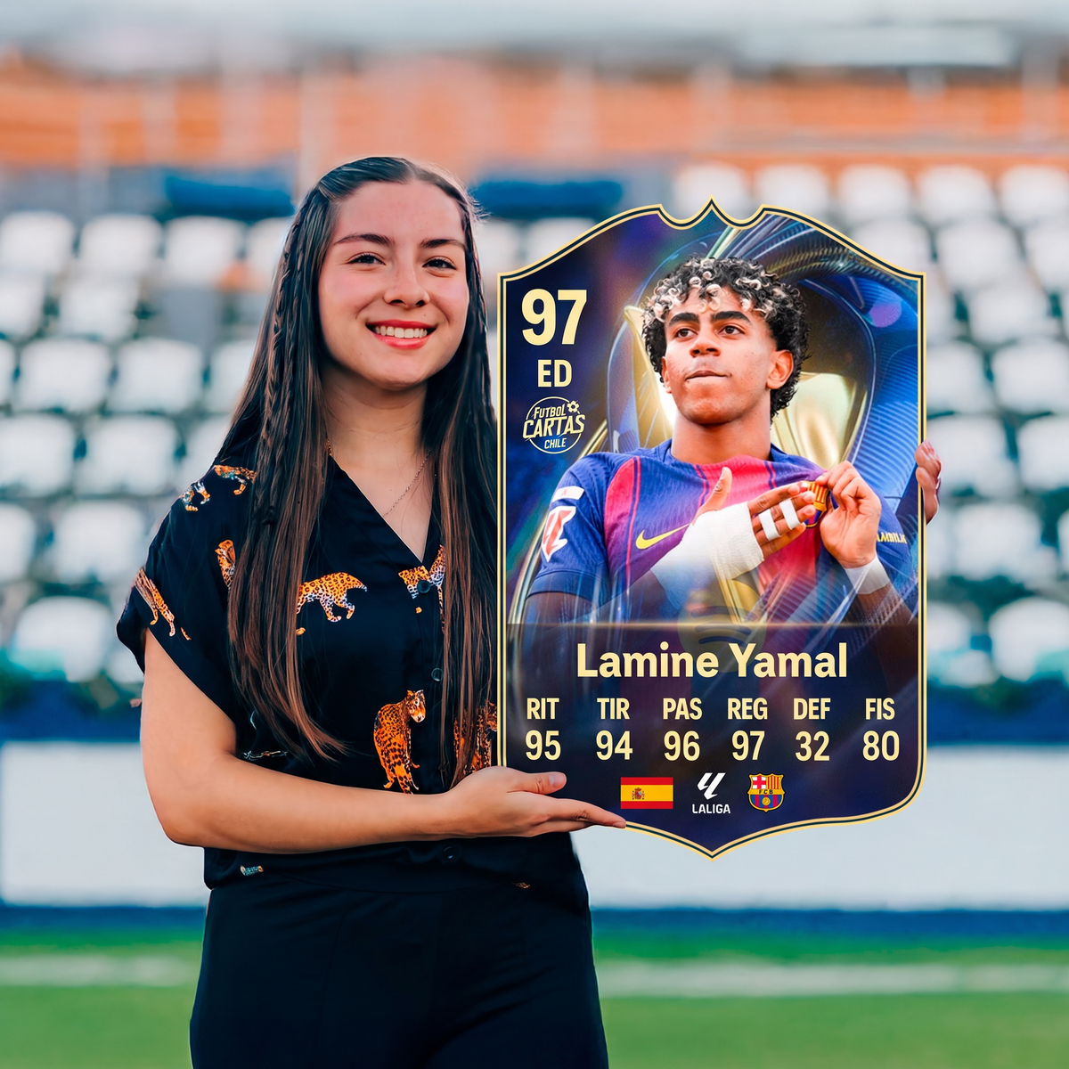 Carta Lamine Yamal TOTS FC26 sostenida en un estadio