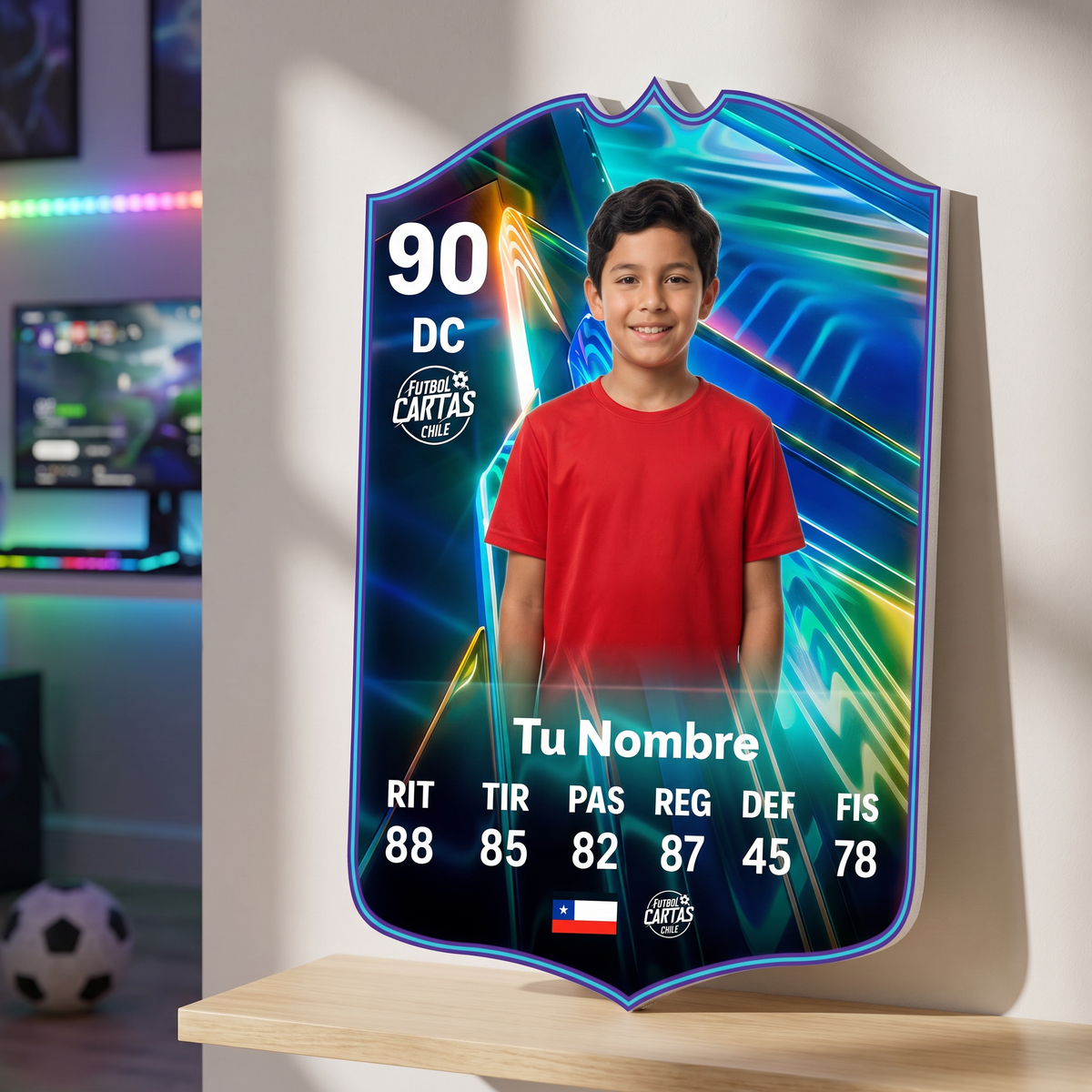 Carta personalizada Ones to Watch FC27 en el estante de una pieza gamer