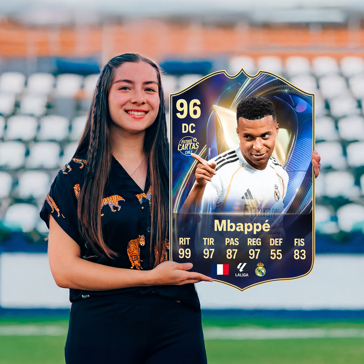 Carta Mbappé TOTS FC26 sostenida en un estadio