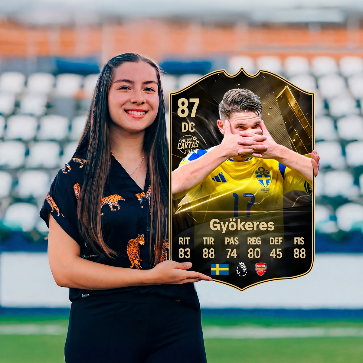 Carta Viktor Gyökeres TOTW FC27 sostenida en un estadio