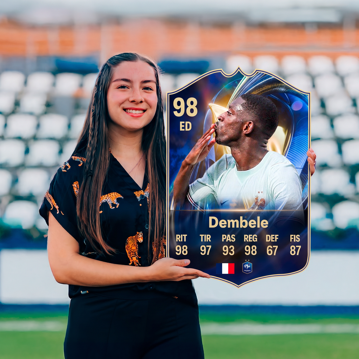 Carta Dembélé TOTS FC26 sostenida en un estadio