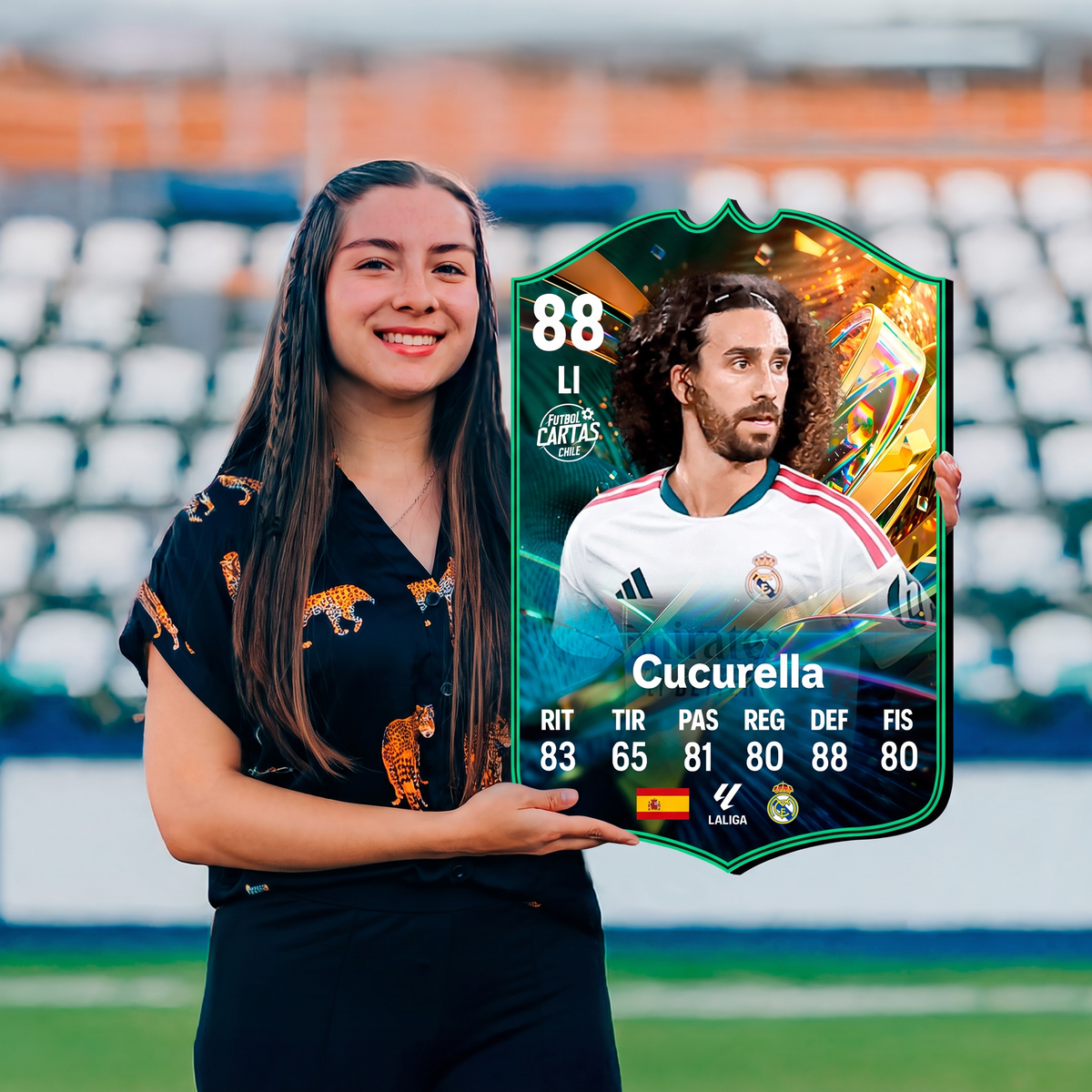 Carta Marc Cucurella Destined for Glory FC27 sostenida en un estadio