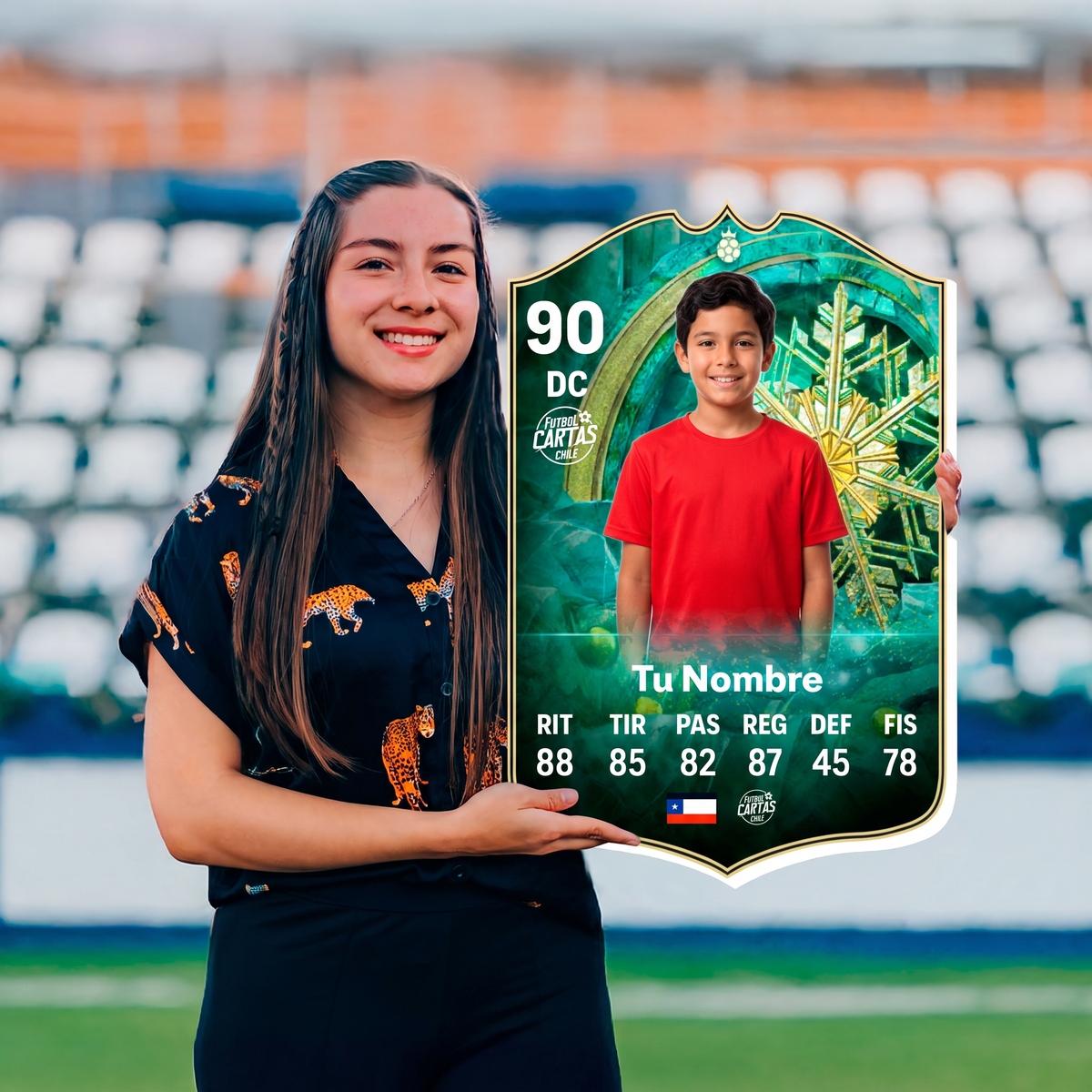 Chica sosteniendo su carta personalizada Winter Wildcard FC26 en el estadio