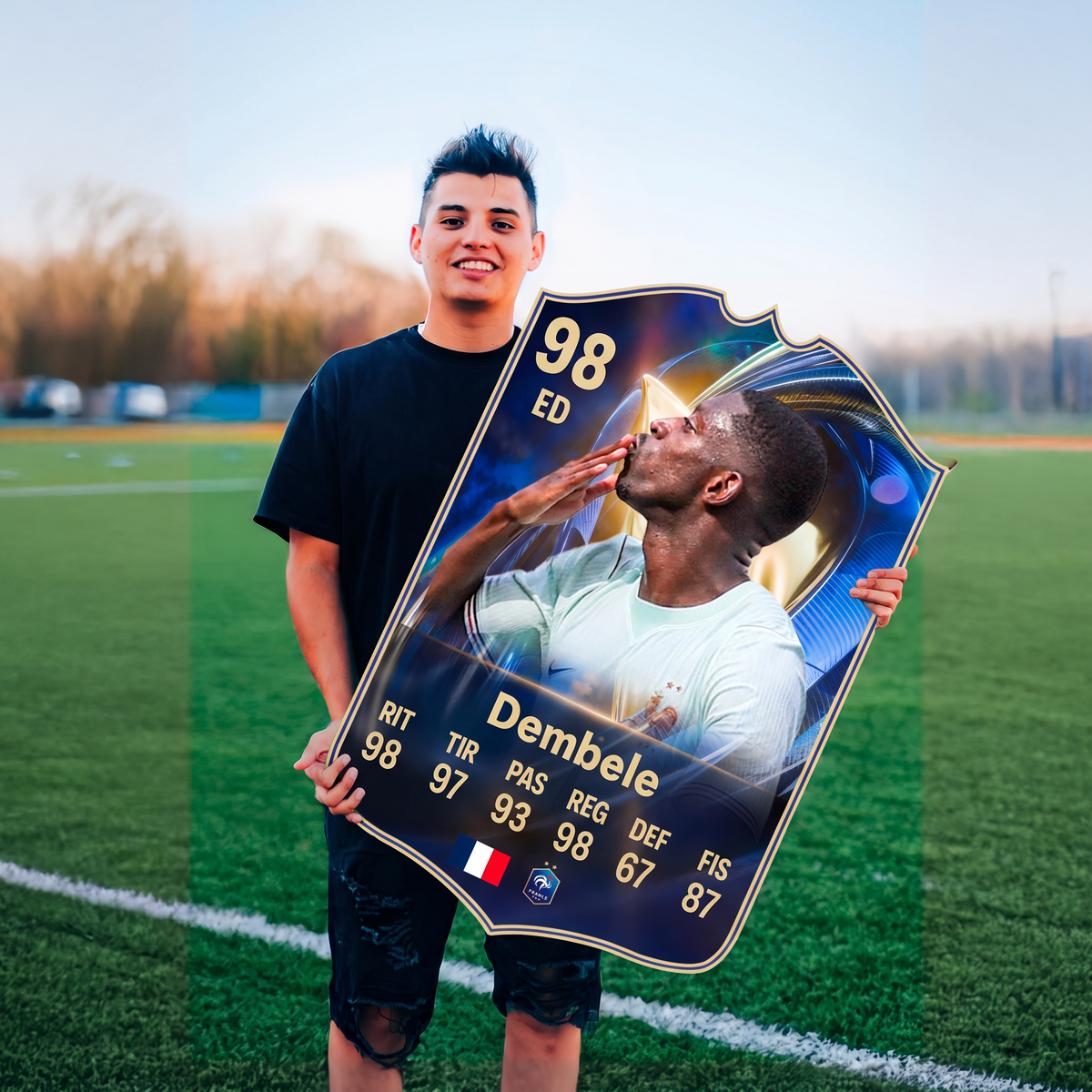 Carta Dembélé TOTS FC26 en una cancha de fútbol