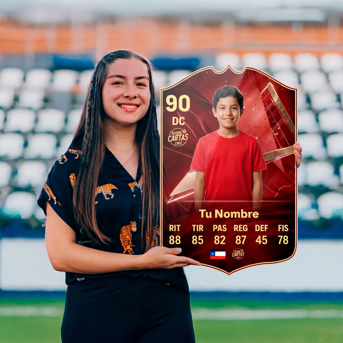 Chica sosteniendo su carta personalizada FUT Champions FC27 en el estadio