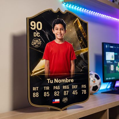 Carta personalizada Team of the Week FC27 en el estante de una pieza gamer