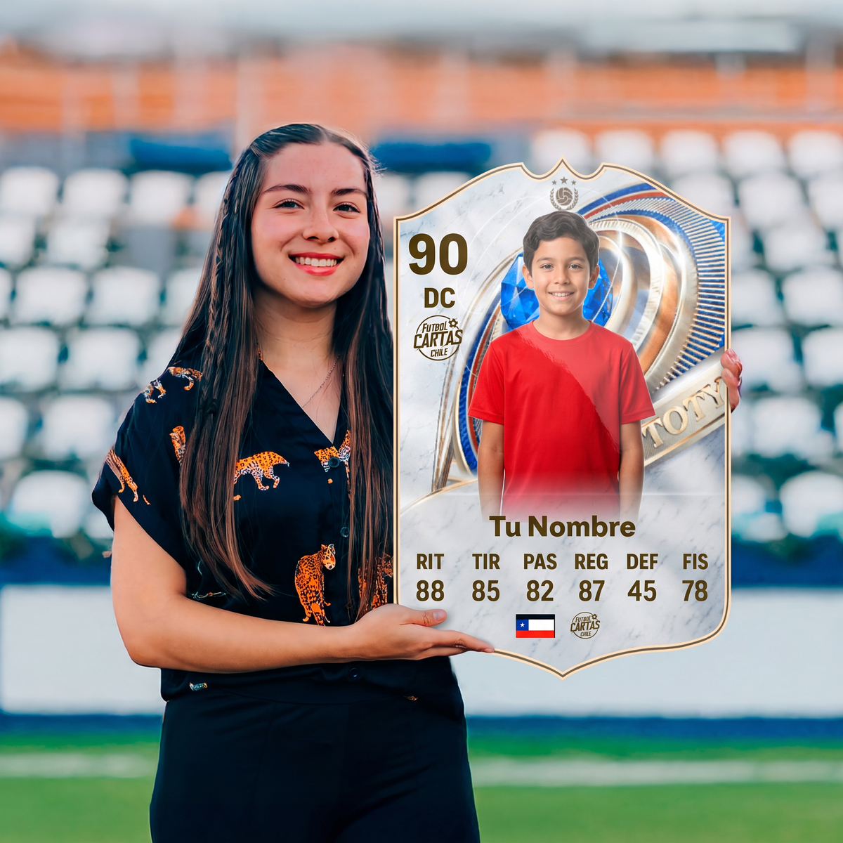 Chica sosteniendo su carta personalizada TOTY Icon FC26 en el estadio