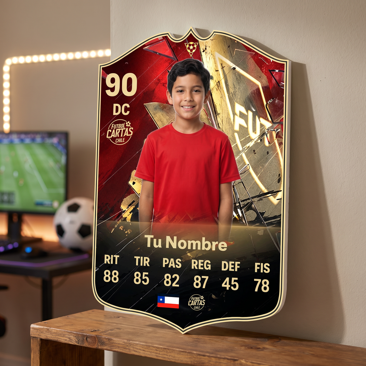 Carta personalizada Hall of FUT FC27 en el estante de una pieza gamer