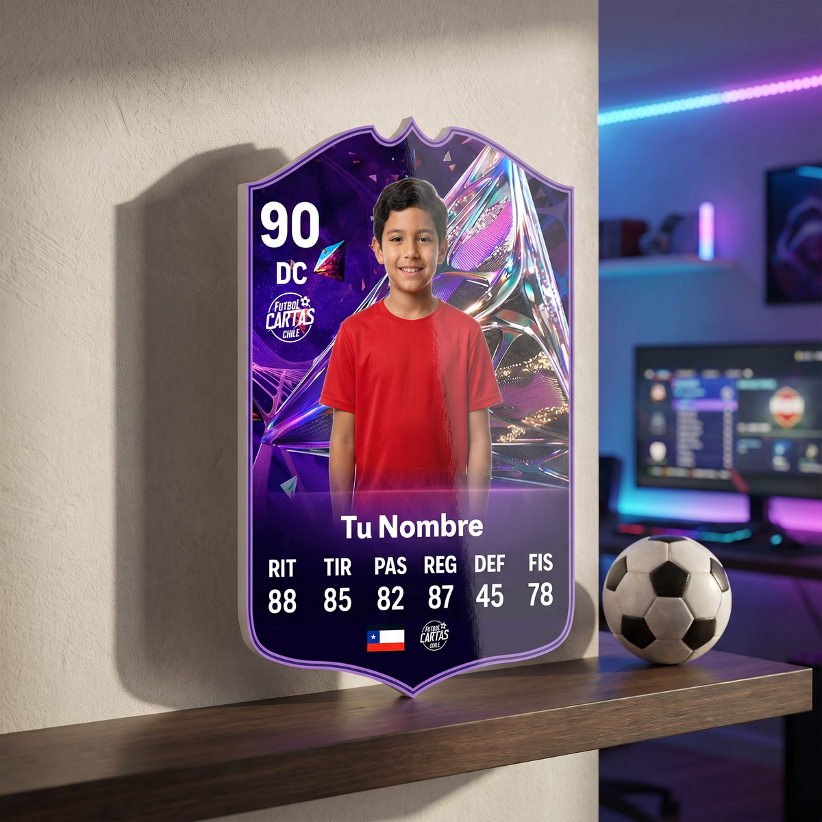 Carta personalizada Future Star FC27 en el estante de una pieza gamer
