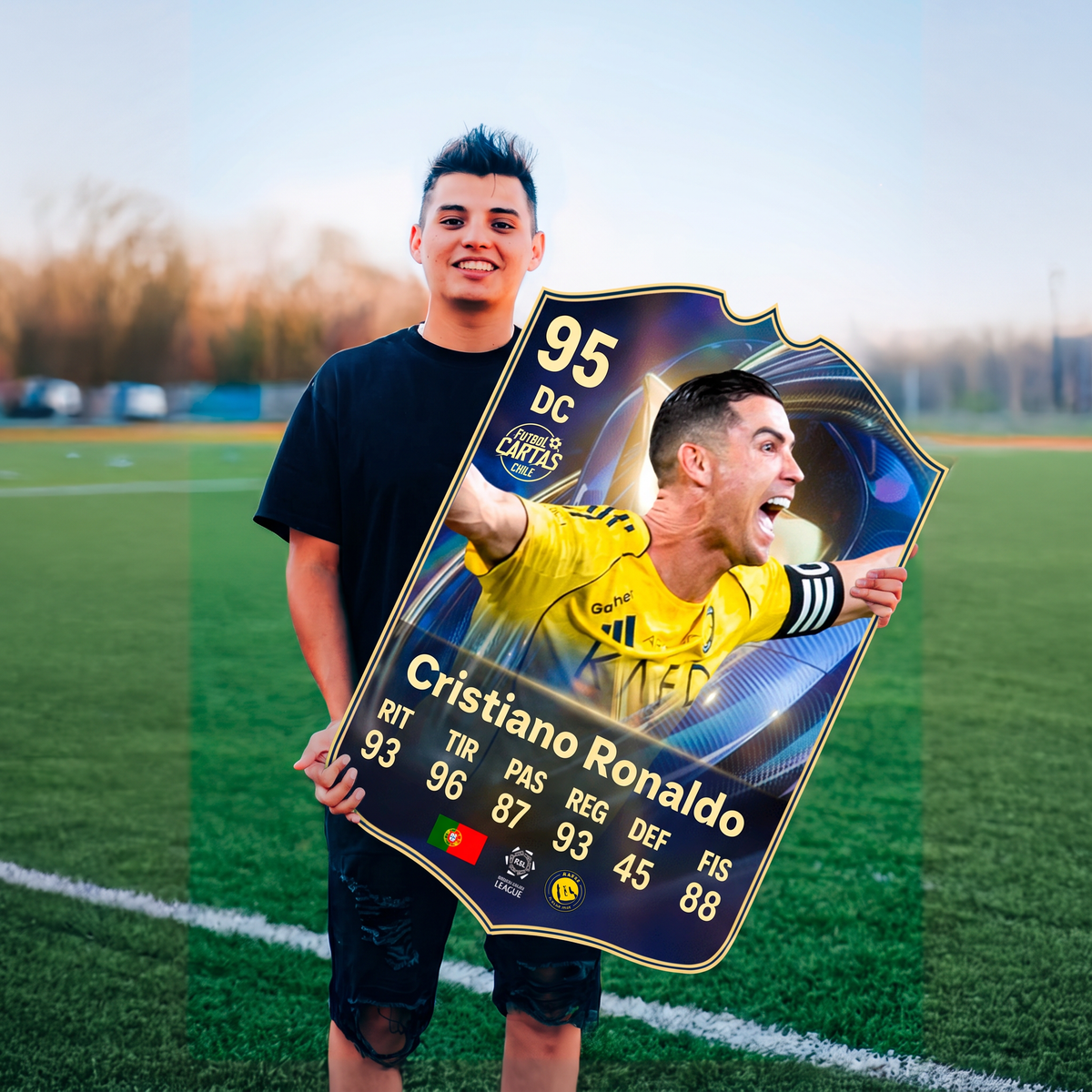 Carta Cristiano Ronaldo TOTS FC26 en una cancha de fútbol