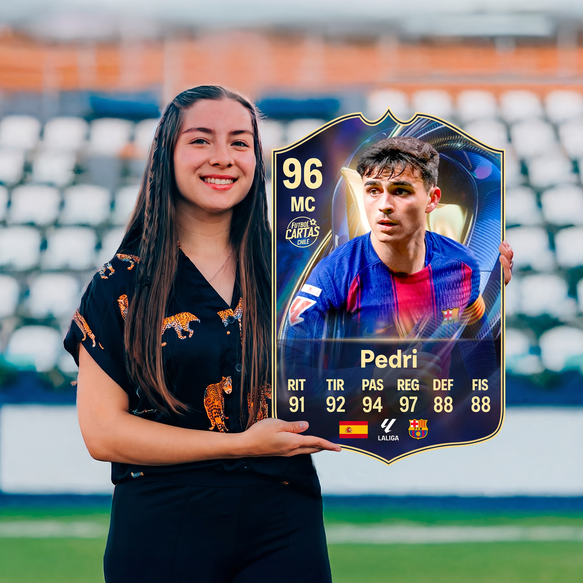 Carta Pedri TOTS FC26 sostenida en un estadio