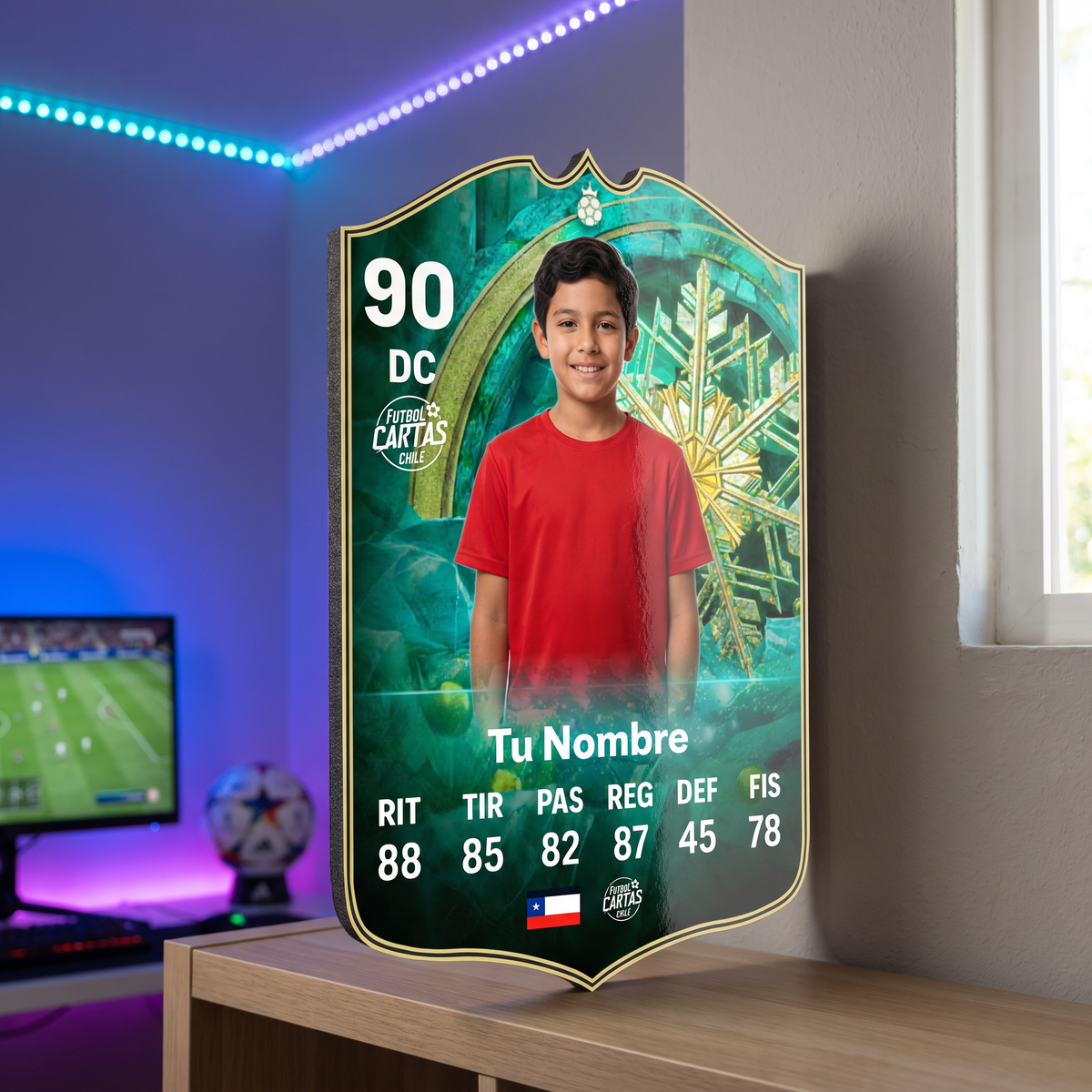 Carta personalizada Winter Wildcard FC26 en el estante de una pieza gamer