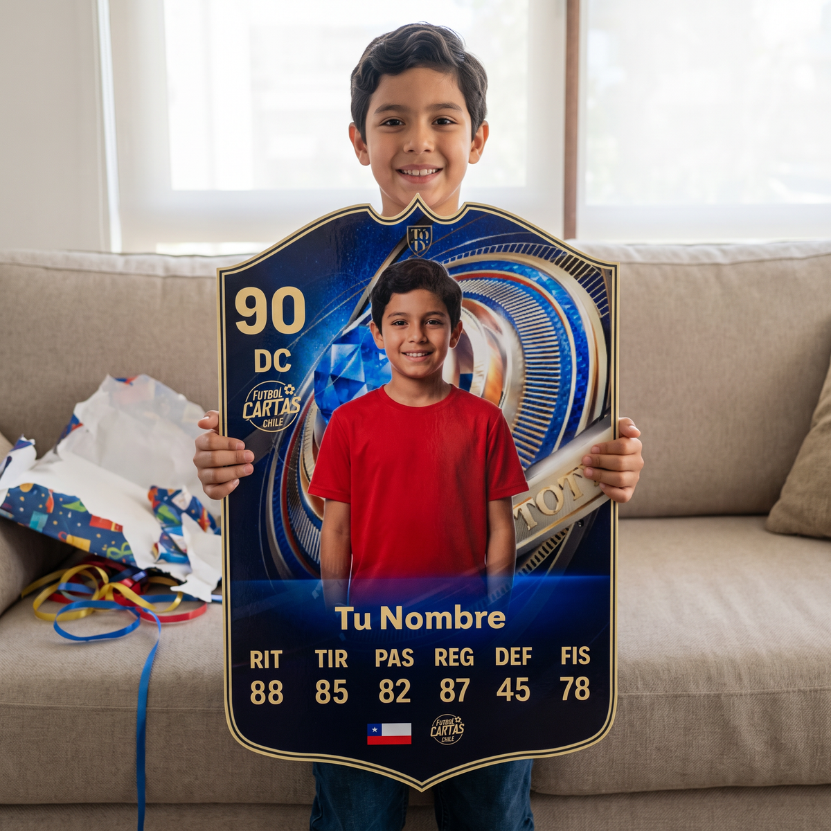 Niño feliz con su carta personalizada Team of the Year FC26 de regalo