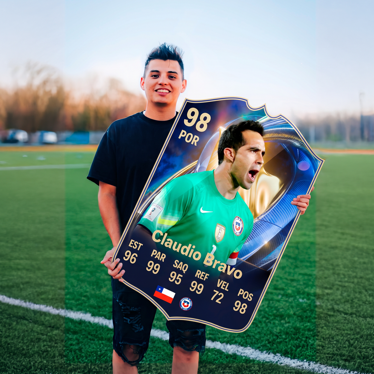 Carta Claudio Bravo TOTS FC26 en una cancha de fútbol