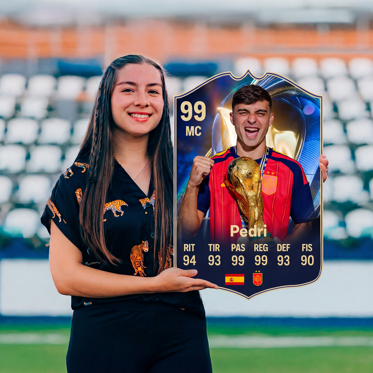 Carta Pedri TOTS FC26 sostenida en un estadio