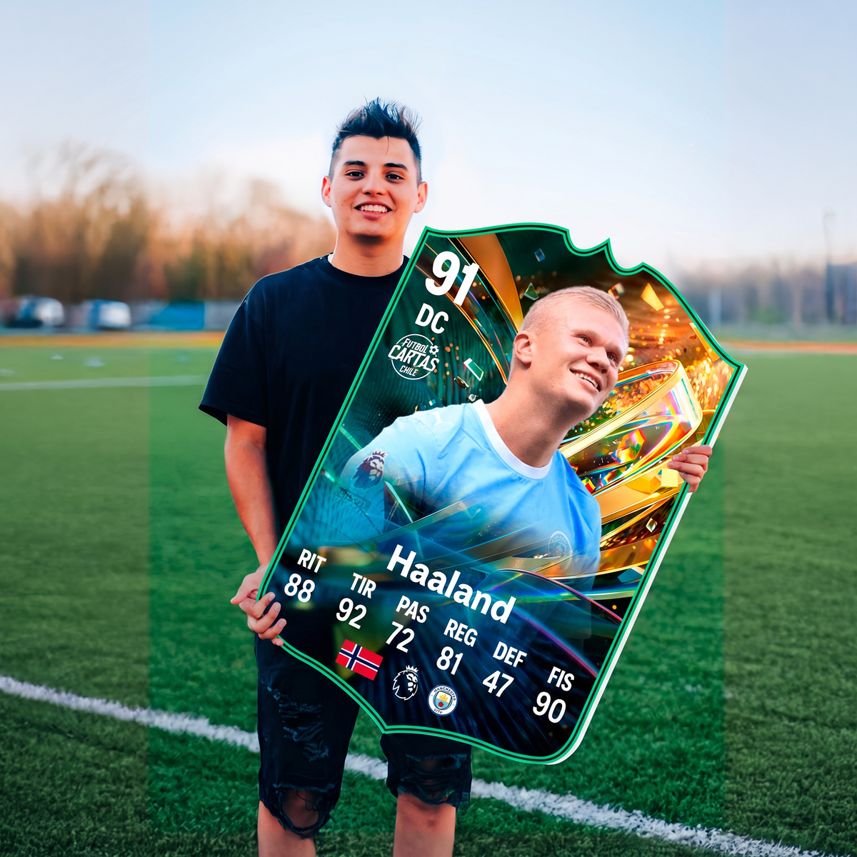 Carta Haaland Destined for Glory FC27 en una cancha de fútbol