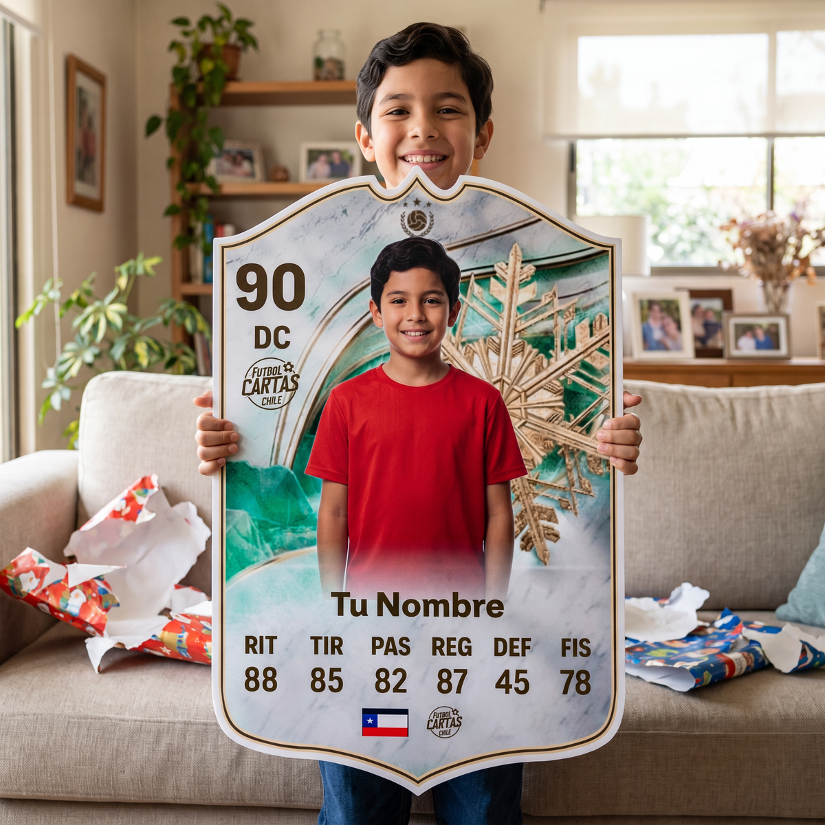 Niño feliz con su carta personalizada Winter Icon FC26 de regalo