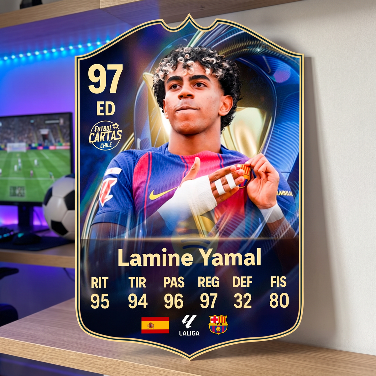 Carta Lamine Yamal TOTS FC26 de decoración en una pieza gamer